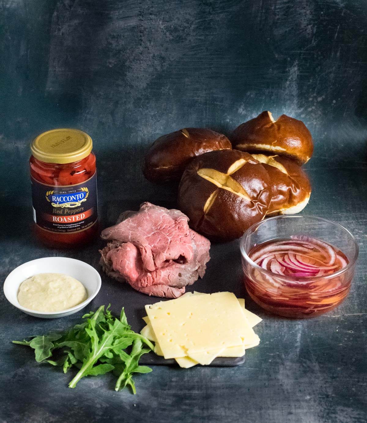 Roast beef sandwich ingredients.