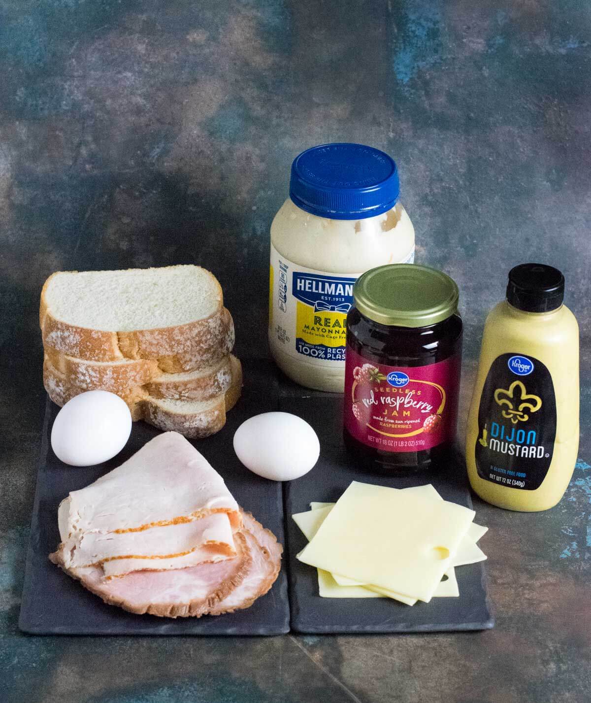 Showing ingredients for a Monte Cristo Sandwich.