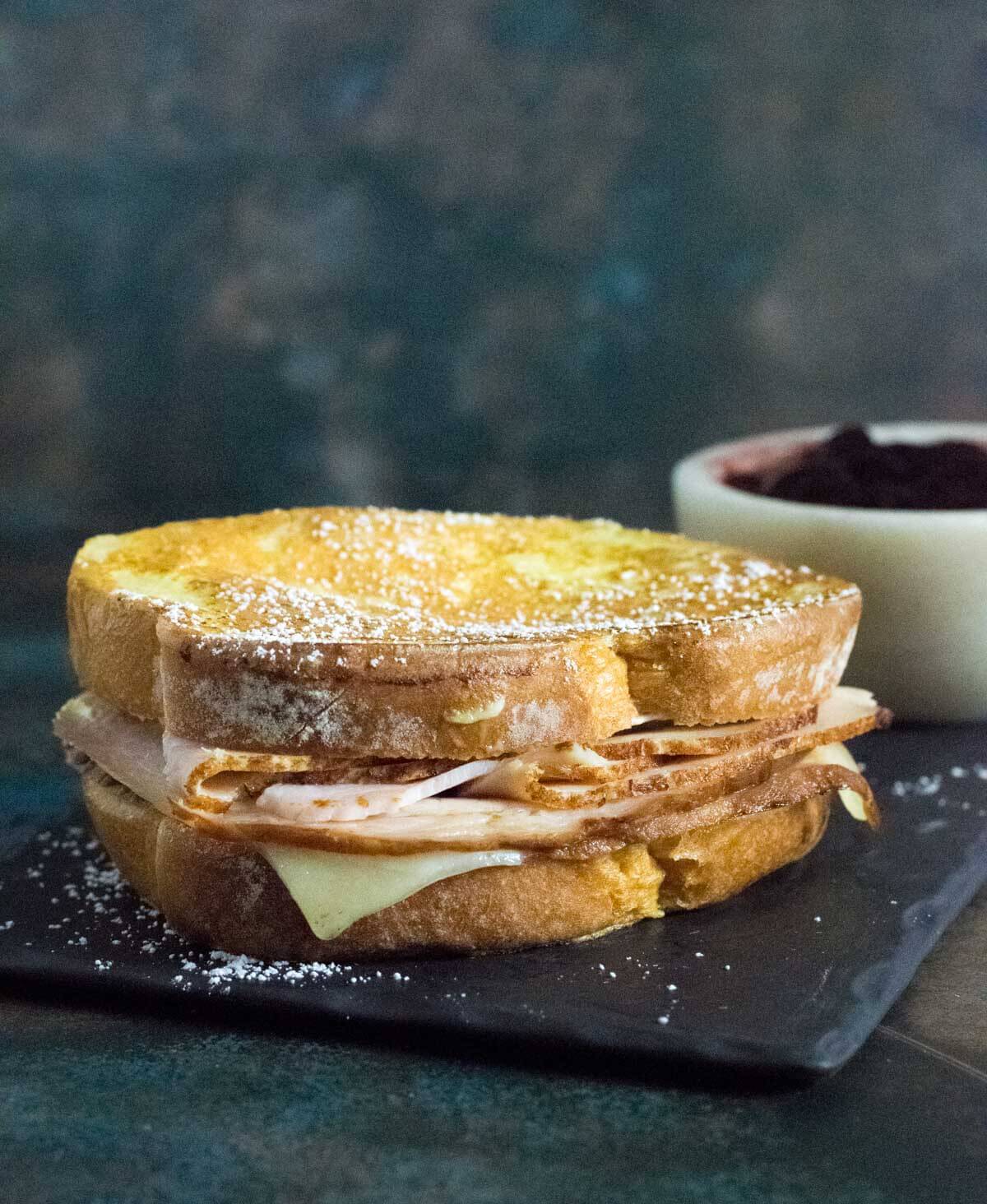 Serving a Monte Cristo sandwich.